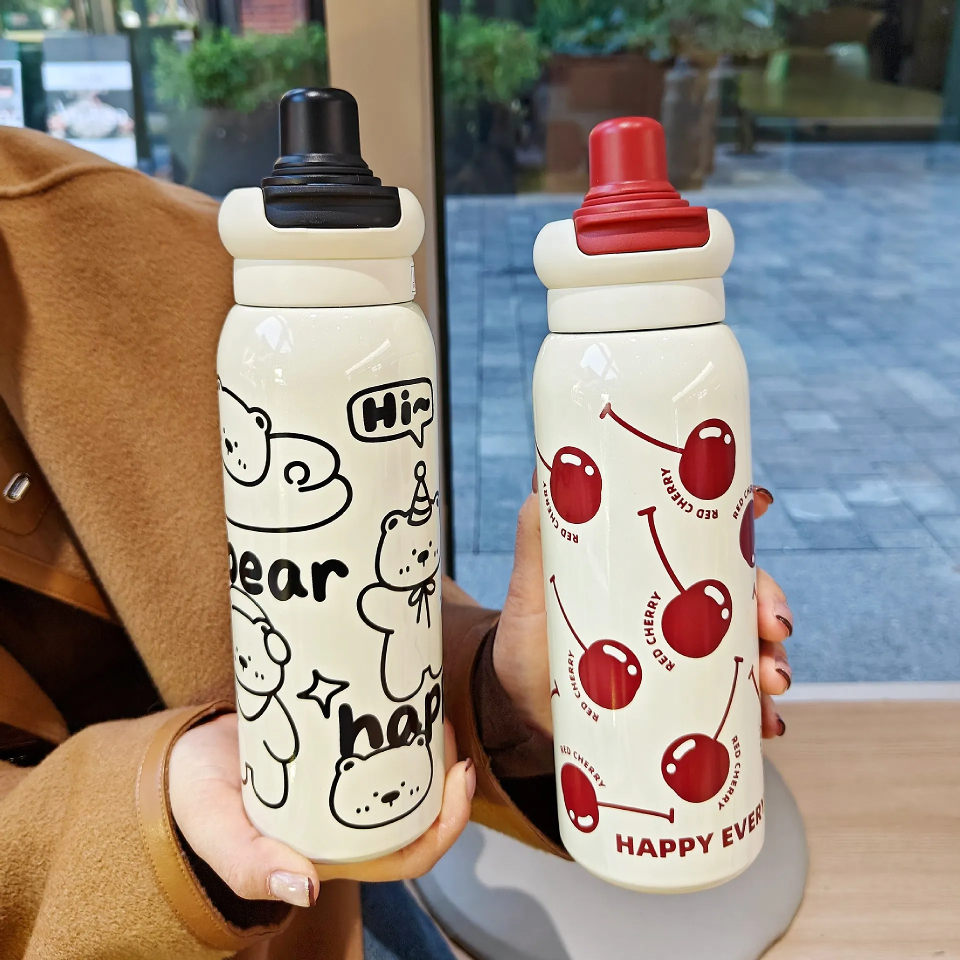 Cartoon Bear Cherry Pattern Stainless Steel Vacuum Flask Water Bottle With Straw And Portable Handle For School Outdoor Kids Students