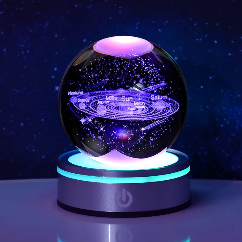 3D Laser Engraved Crystal Ball Night Light With LED Base Solar System Galaxy Sphere Decorative Desk Ornament Gift