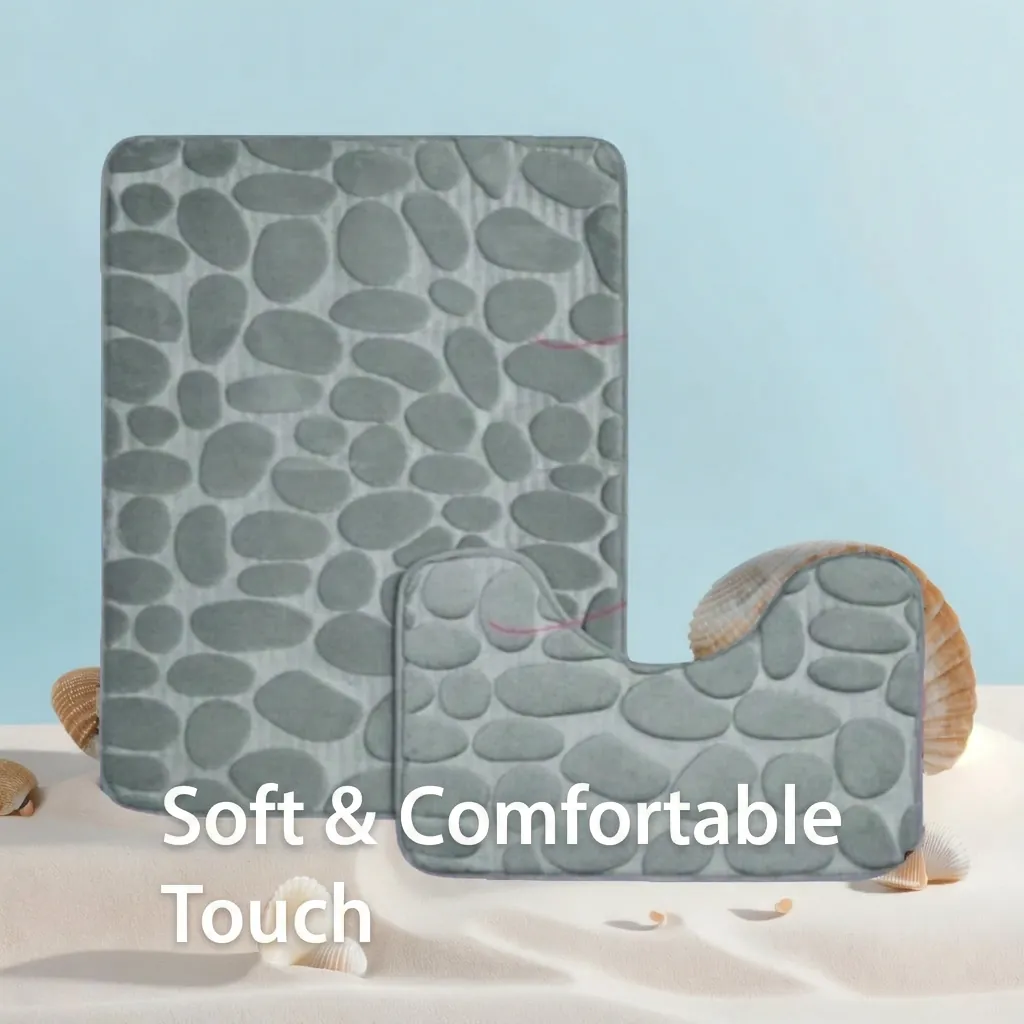 Bath Mat Rugs With Toilet Lid Cover And U-Shaped Contour Mat Coral Fleece 3D Cobblestone Embossed Non-Slip Absorbent