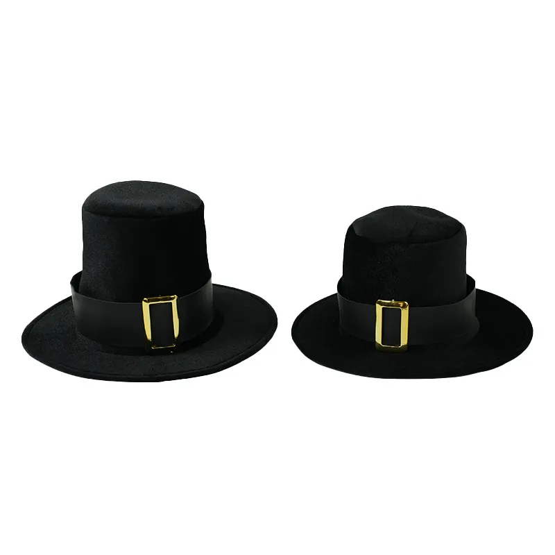 Black High Top Hat Vintage Flat Top Wool Felt With Gold Buckle For Halloween Magic Show Stage Performance Costume