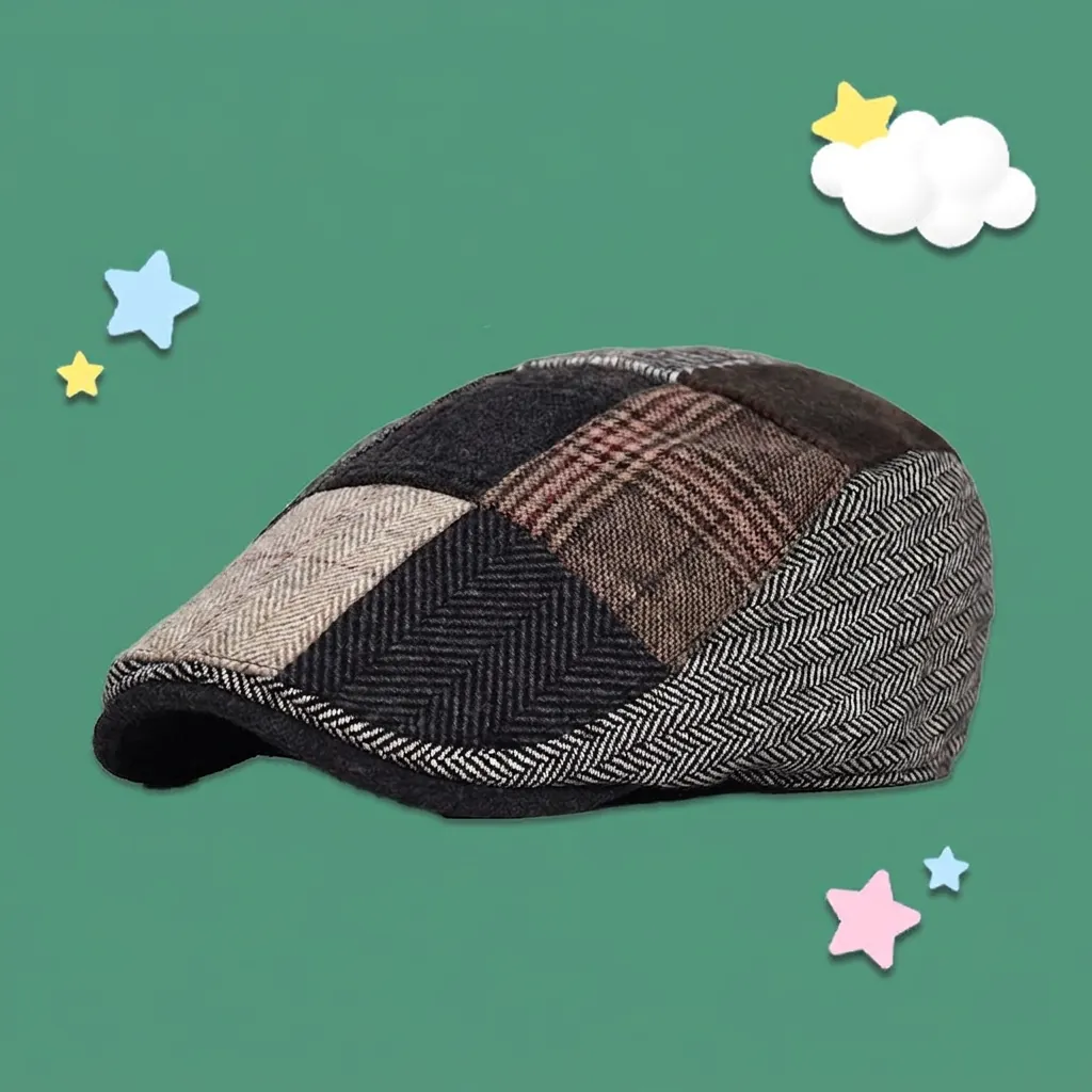 Vintage British Style Patchwork Newsboy Cap For Men Women Adjustable Woolen Herringbone Plaid Beret Hat Retro Painter Cap