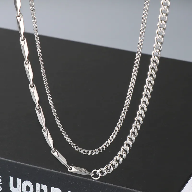 Collier Double Couche Chaîne Cubaine Acier Inoxydable Et Bracelet Maillons Barres Bijoux Hip Hop Punk Pour Hommes Femmes