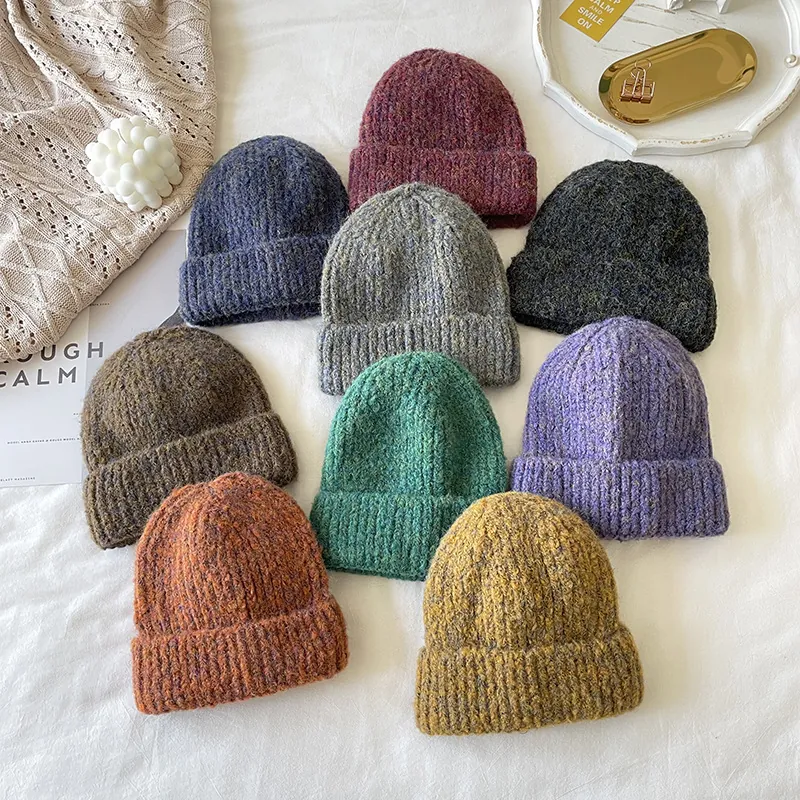 Mixed Color Acrylic Knitted Beanie Hat Warm Chunky Knit Cuffed Skull Cap For Women Men Winter Outdoor Thick Cold Hat