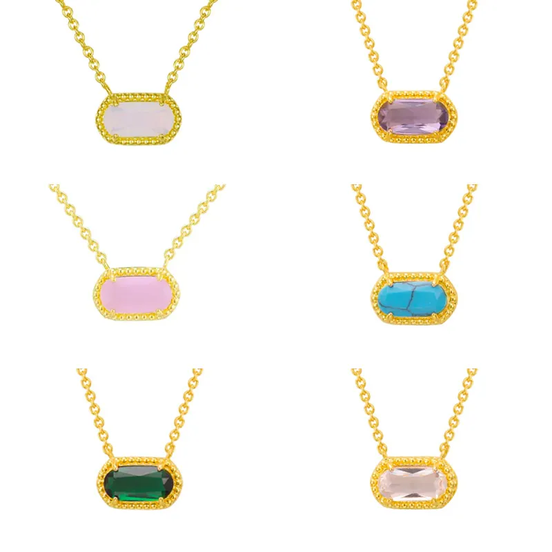 Vintage Oval Gemstone Pendant Necklace Copper 18K Gold Plated Elegant Retro Style Jewelry Accessory For Women