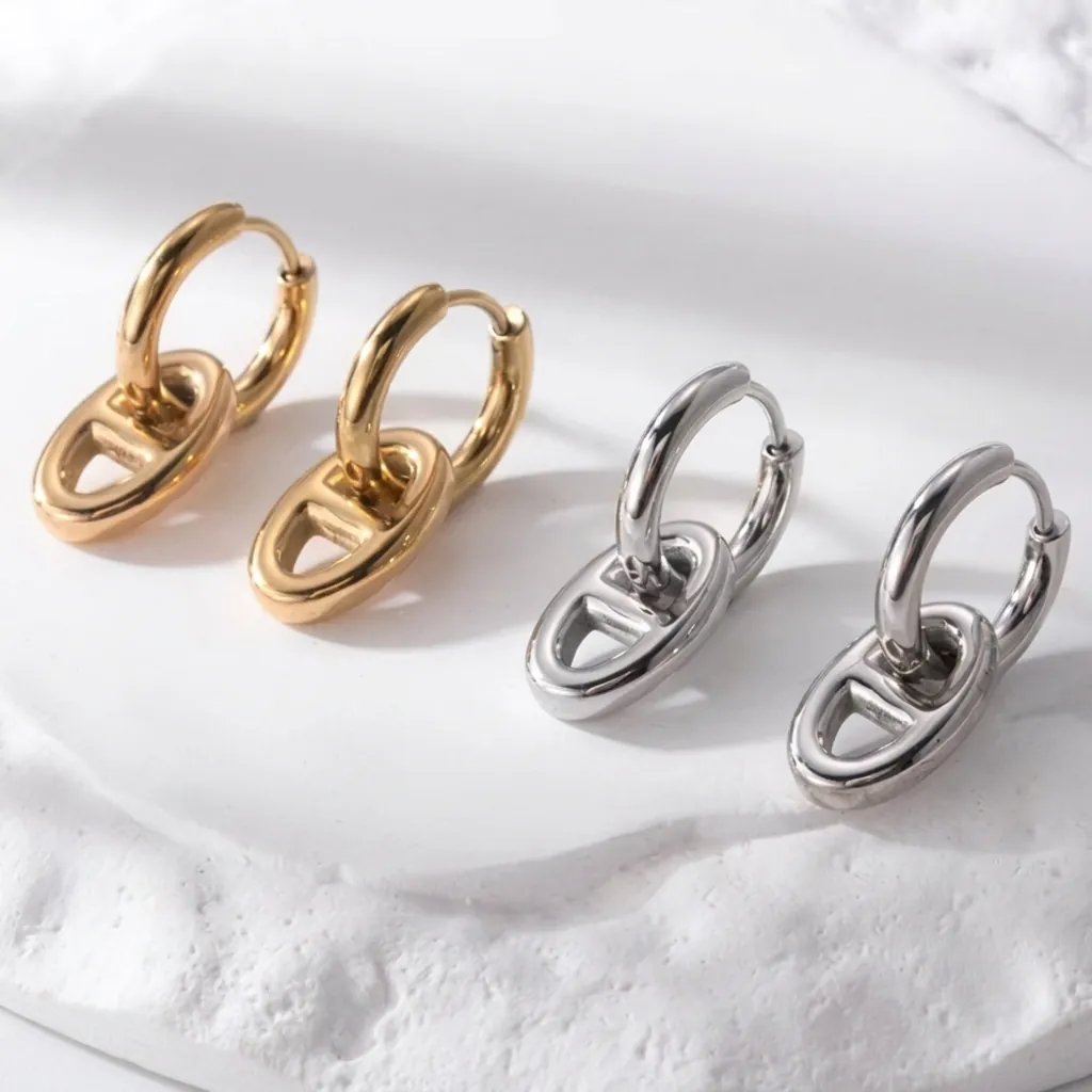 Geometric Pig Nose Hoop Dangle Earrings Stainless Steel Minimalist Anchor Chain Link Jewelry For Women High Polished