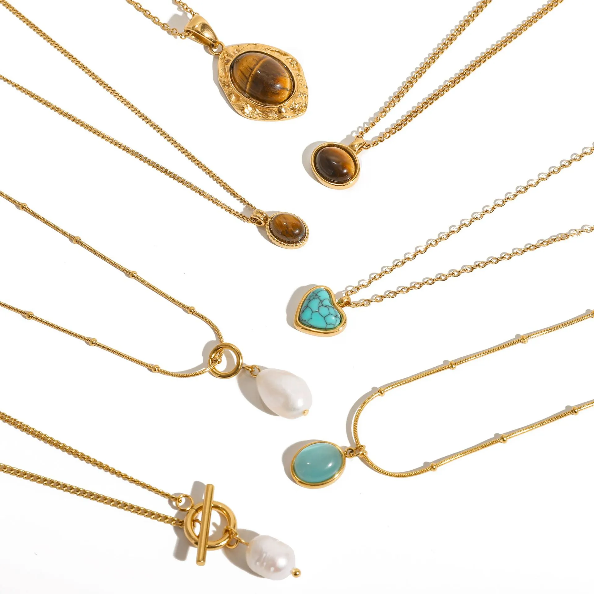 Vintage 18K Gold Plated Stainless Steel Tiger Eye Pendant Necklace For Women Retro Heart Turquoise Artificial Pearl Jewelry
