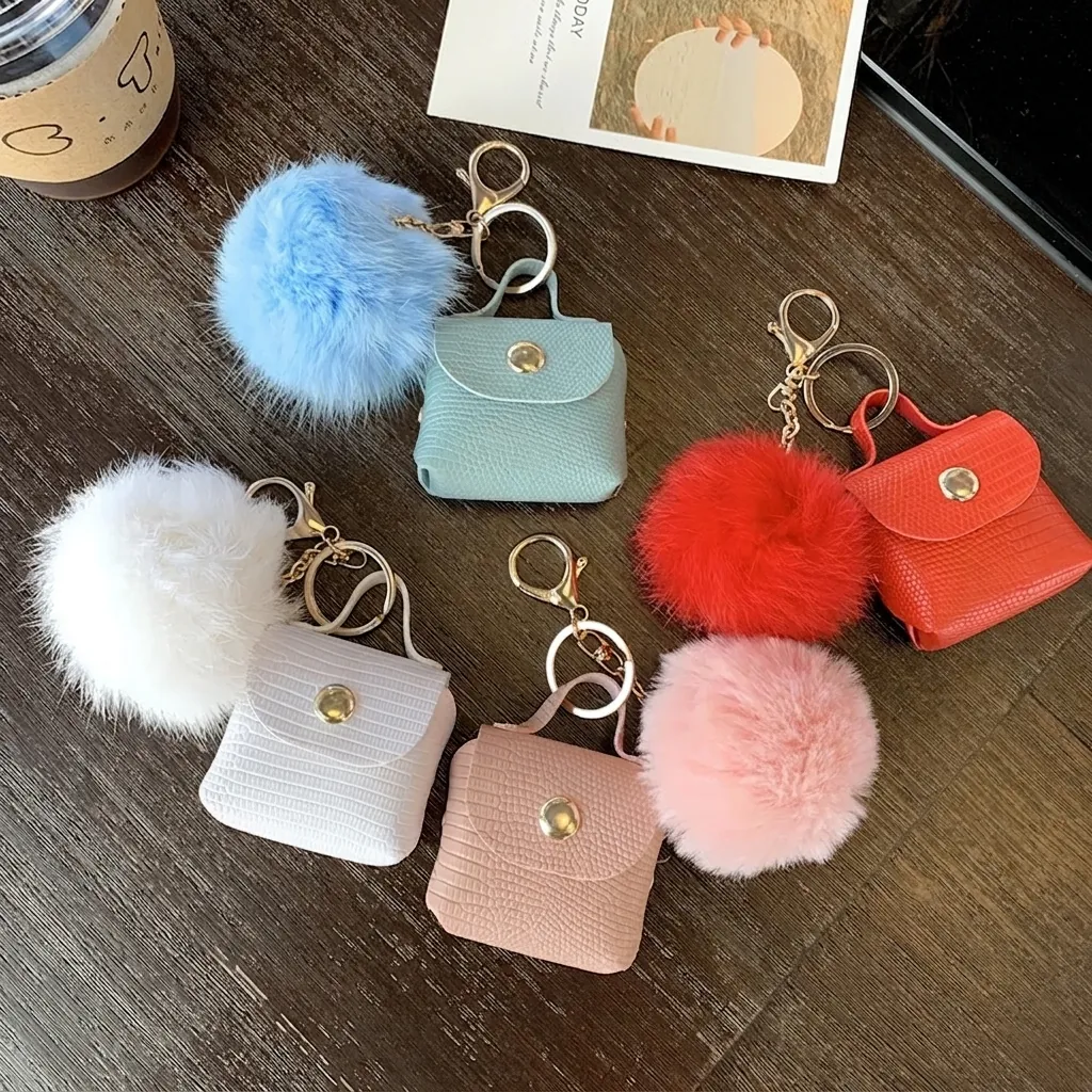 Mini Bag Keychain Pendant PU Leather Crocodile Pattern With Faux Fur Pom Pom Fashion Bag Charm For Women Girls Gift