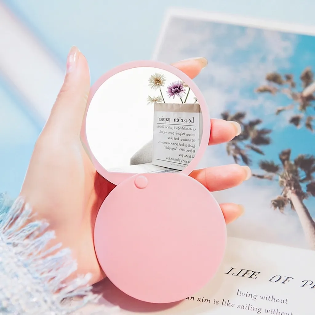 Compact Portable Makeup Mirror Round Sliding Cover Plastic Frame High Definition Glass For Travel Daily Beauty Handheld