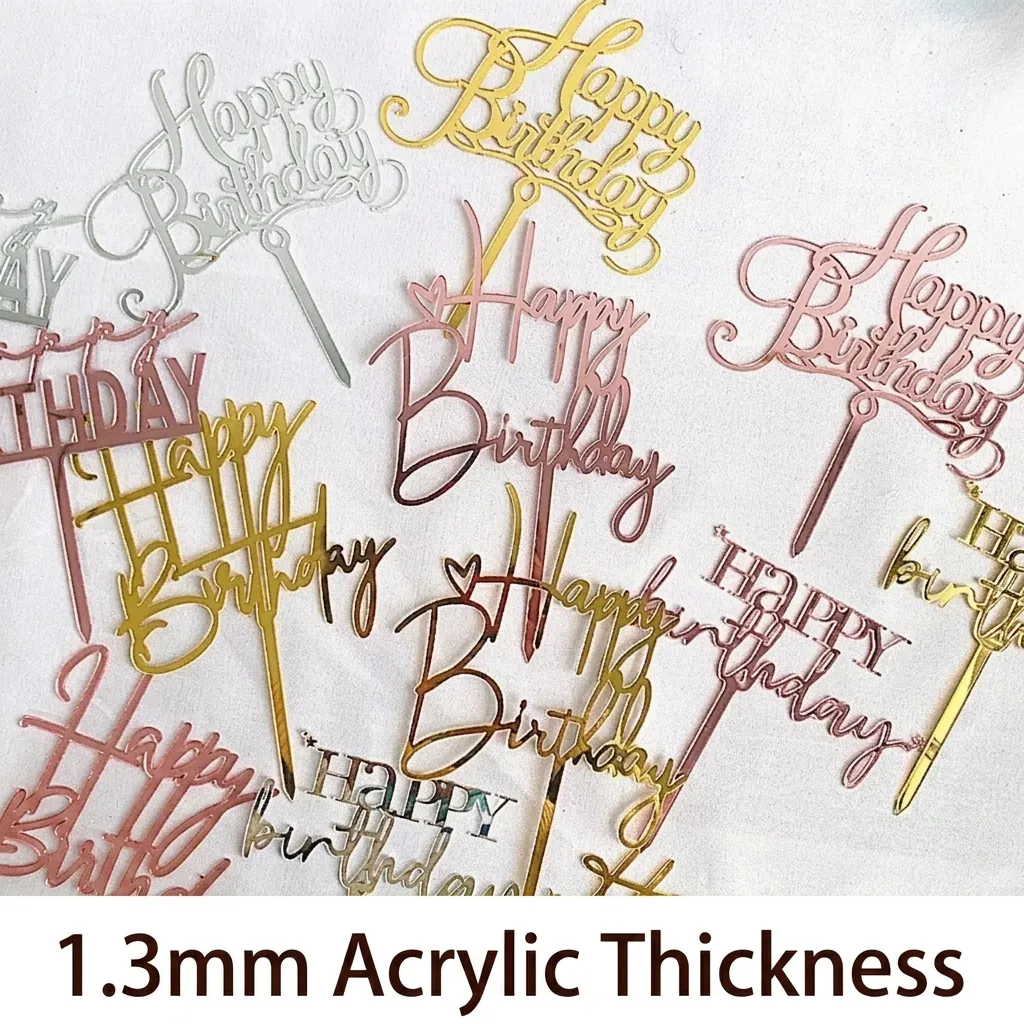 Happy Birthday Cake Topper Mirror Acrylic Heart Star Design Birthday Party Baking Decoration Accessory Elegant Dessert Sign