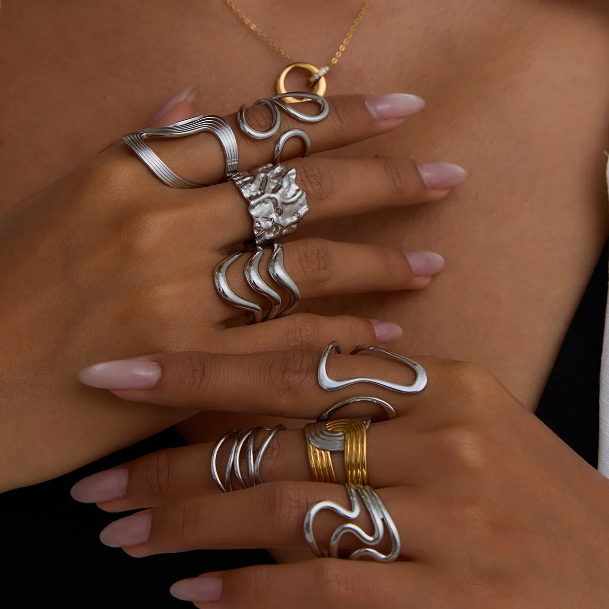 Irregular Wave Stainless Steel Ring For Women Minimalist Organic Texture Adjustable Fashion Jewelry Waterproof Non-Tarnish
