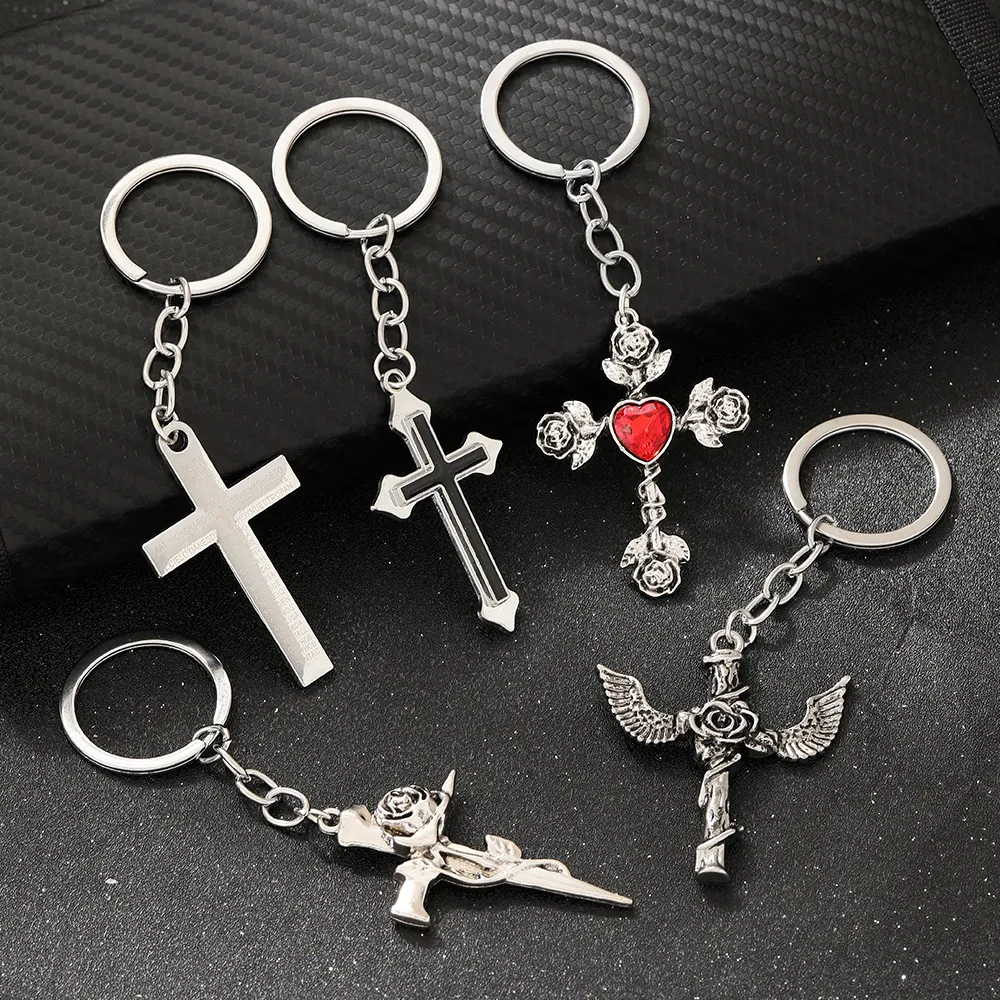Gothic Cross Keychain Zinc Alloy Heart Rhinestone Rose Flower Pendant Religious Scripture Jewelry For Men Women Gift