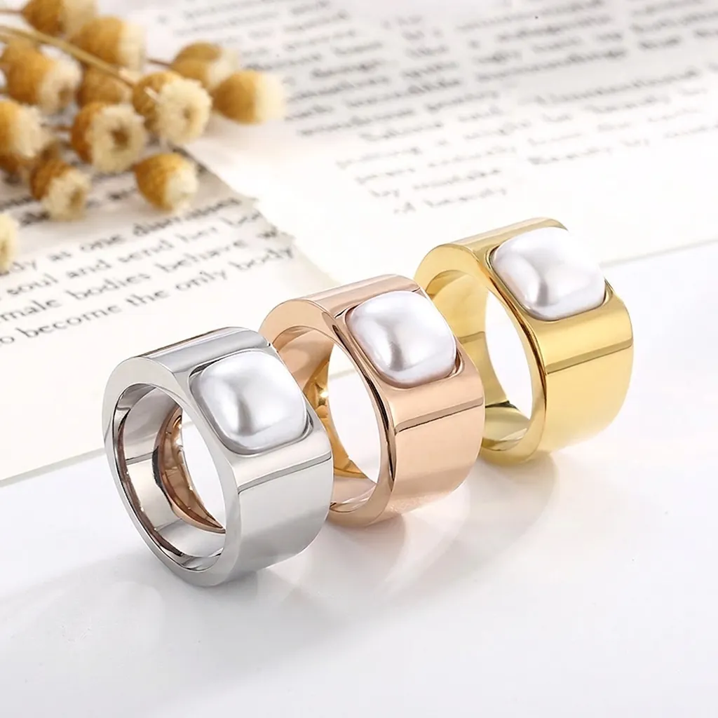 Anello A Fascia Larga Acciaio Inossidabile Madreperla Bianca Quadrata Geometrico Stile Francese Gioielli Di Moda Per Donne