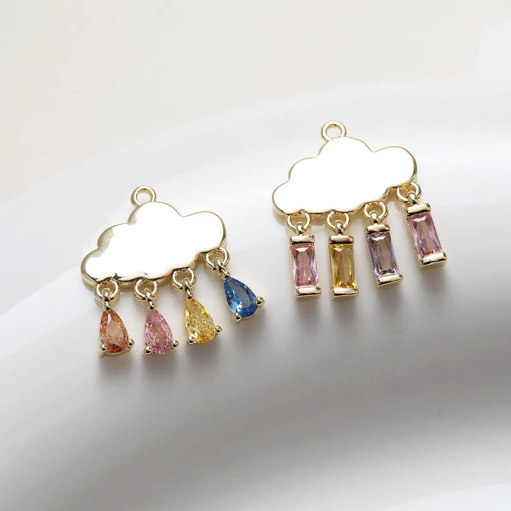 Cloud Raindrop Pendants 14K Gold Plated Copper With Colorful Zircon For DIY Jewelry Making Cute Rainbow Charms