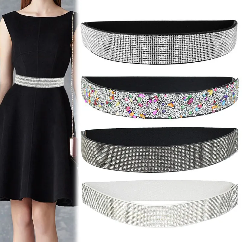 Damen Strass Elastischer Gürtel Funkelnder Kristall Bling Taillenband Kunstleder Druckknopf Mode Accessoire