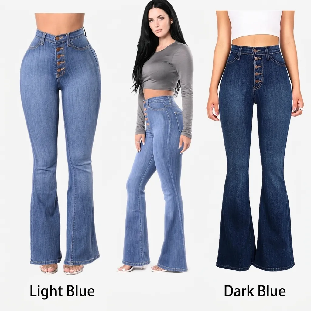 Women High Waist Slim Fit Flared Jeans Elastic Hip Lift Washed Denim Bell Bottom Pants Elegant Multi Button Trousers