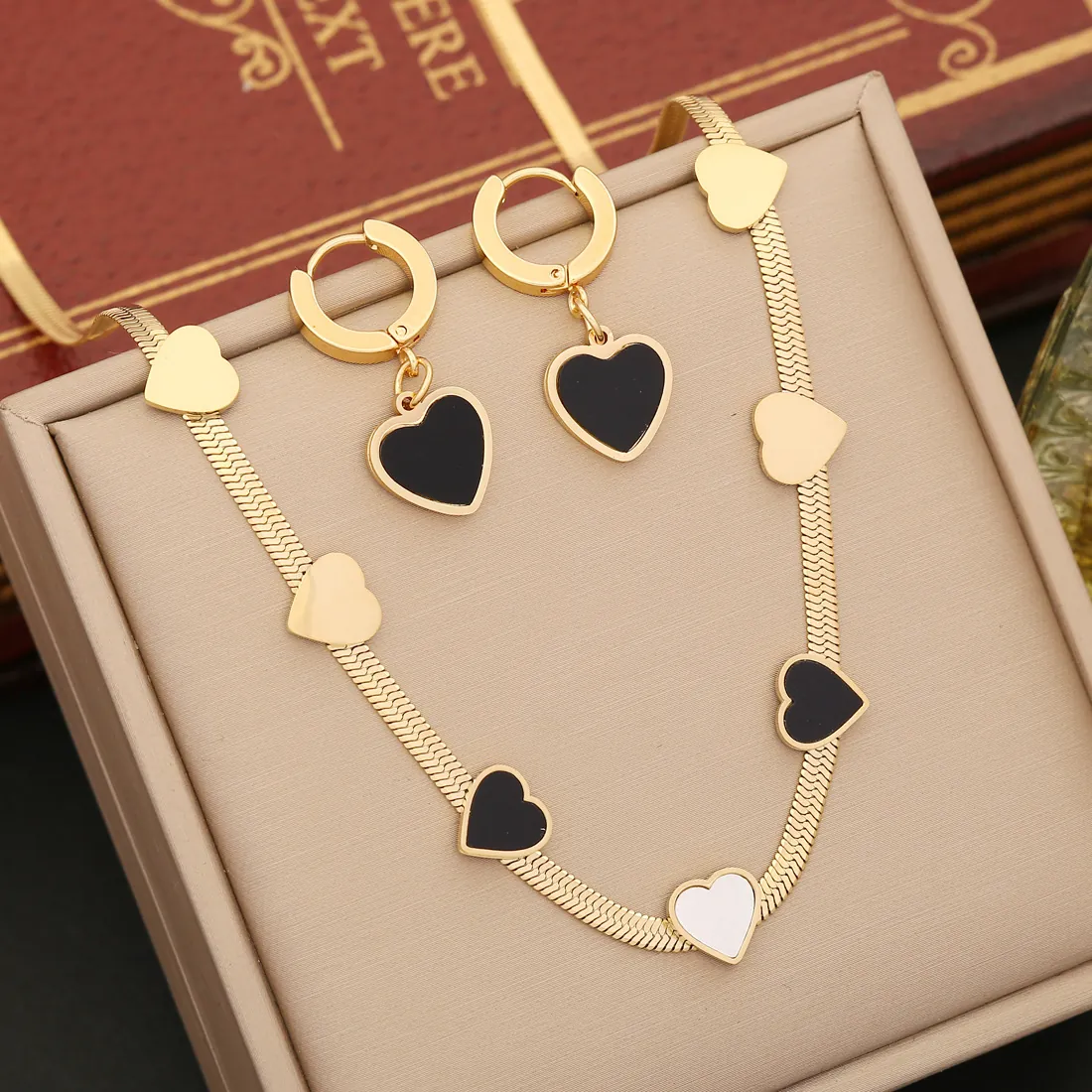 Herz Anhänger Halskette Ohrringe Armband Edelstahl Emaille Goldfarbene Schlangenkette Für Damen