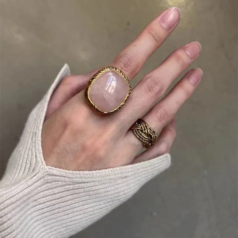 Vintage Exaggerated Alloy Ring With Pink Crystal Turquoise Tiger Eye Stone Geometric Woven Textured Gold Plated Finger Ring For Women