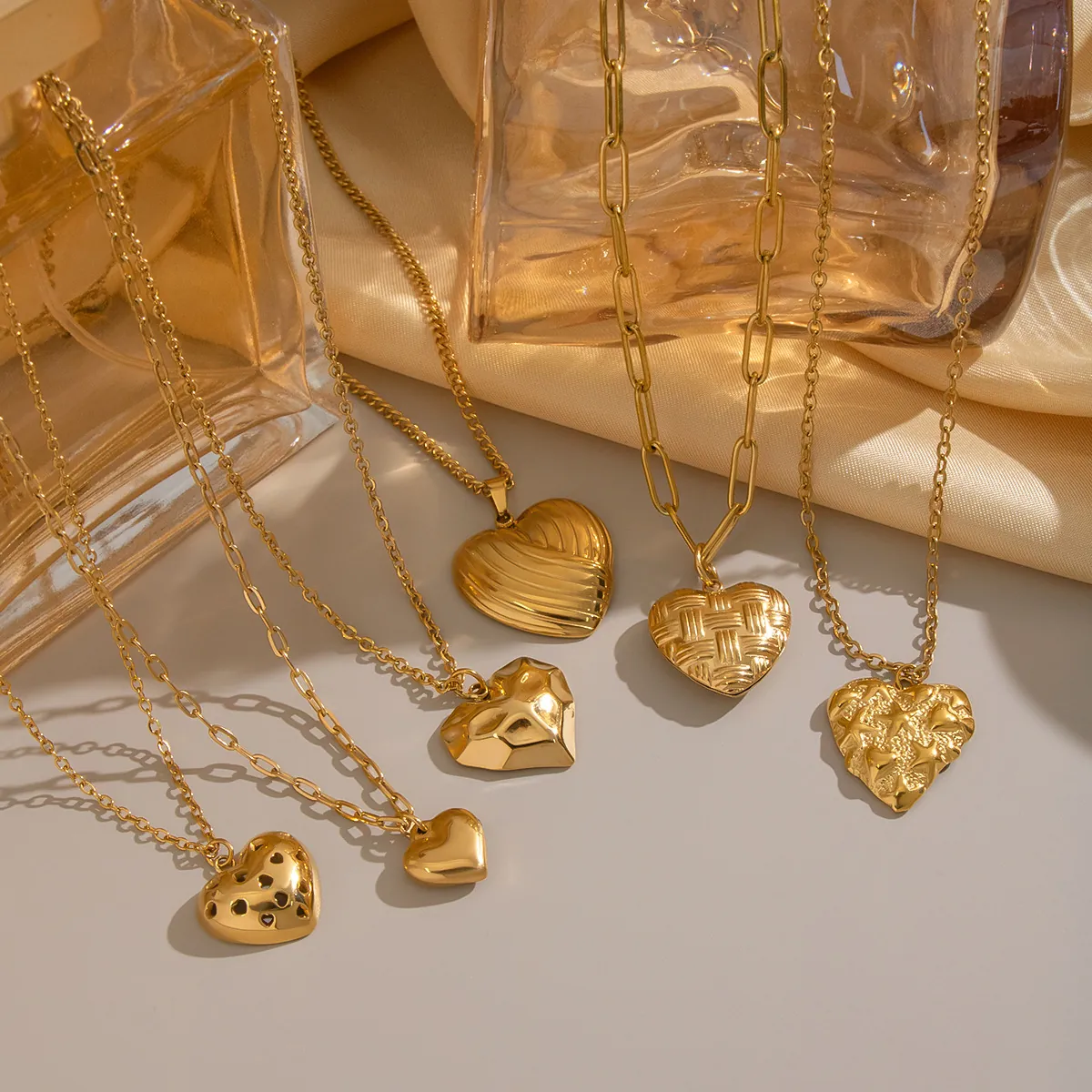 Collier Pendentif Cœur Plaqué Or Acier Inoxydable Imperméable Hypoallergénique Texturé Minimaliste Femmes Bijoux