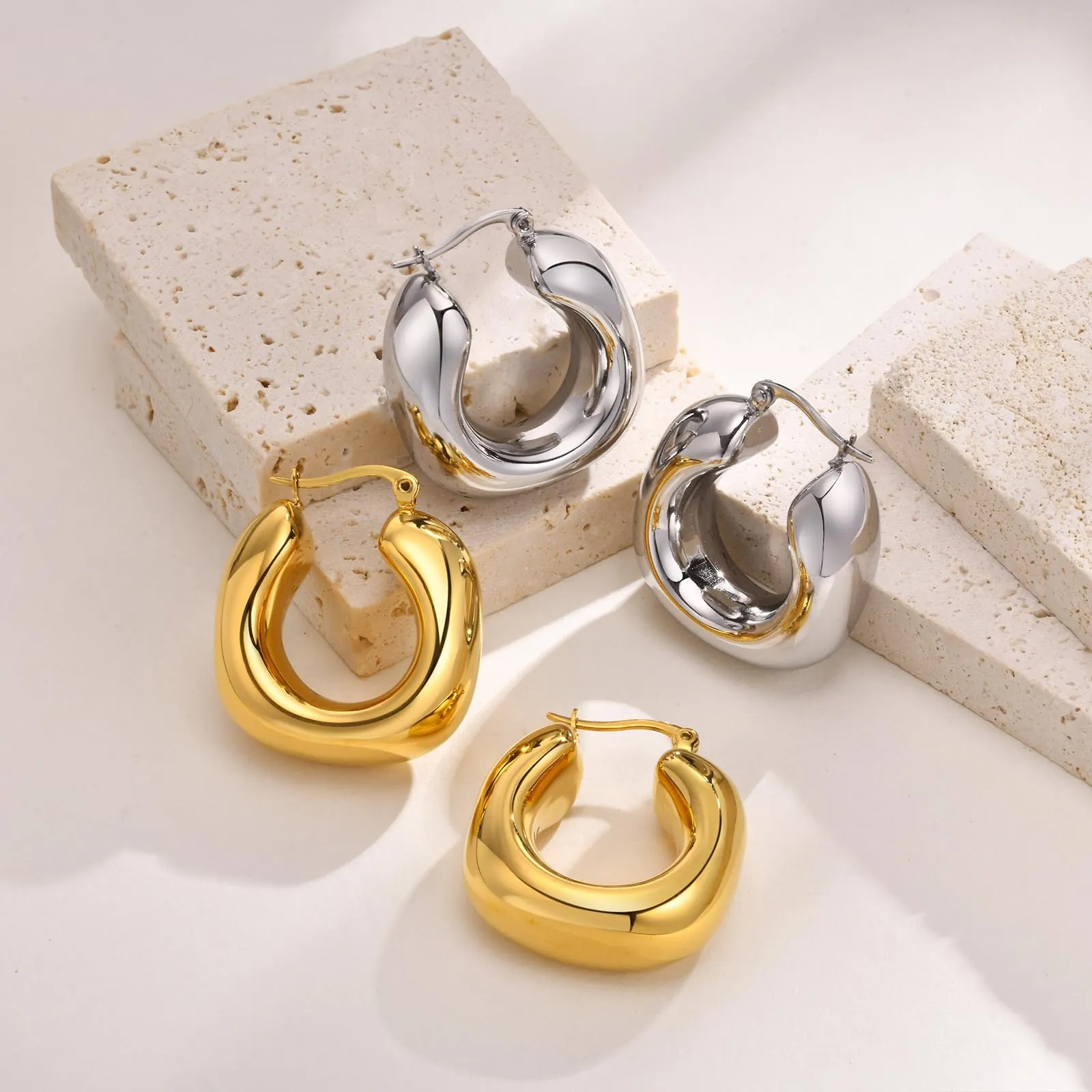 Chunky Hoop Earrings Stainless Steel Hollow Geometric C Shape Minimalist Fashion Jewelry Gold Silver Color For Women