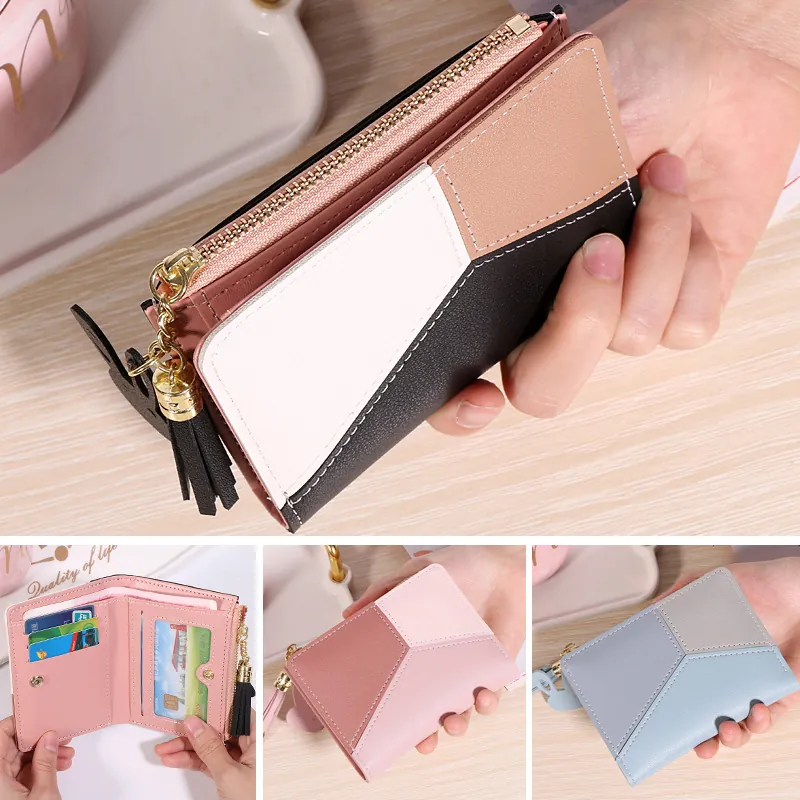 Petit Portefeuille Femme Cuir PU Bloc De Couleur Fermeture Éclair Porte-Monnaie Avec Gland Pendentif Patchwork Filles