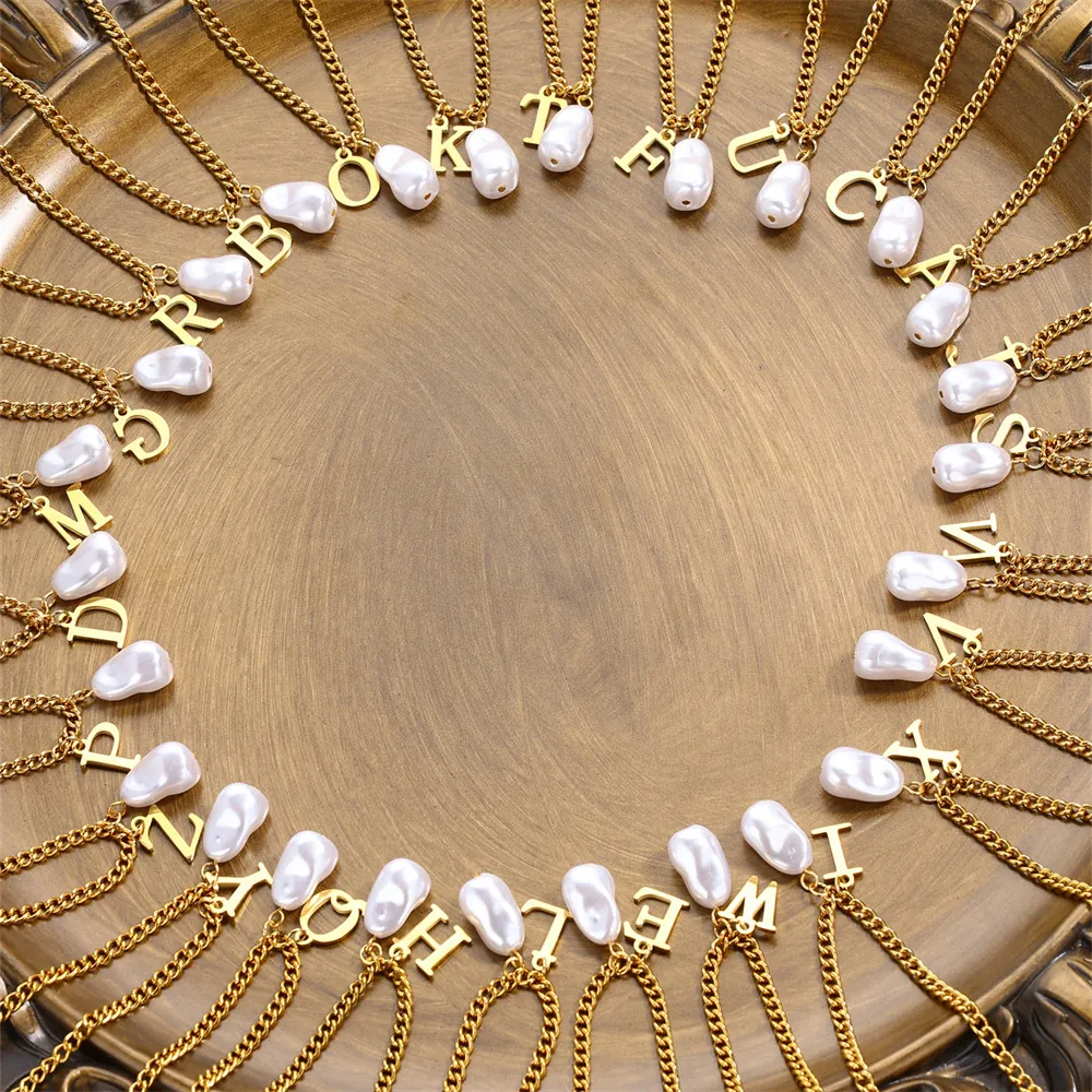 Artificial Baroque Pearl Initial Letter Necklace Stainless Steel Gold Plated Personalized Minimalist Jewelry Women Men