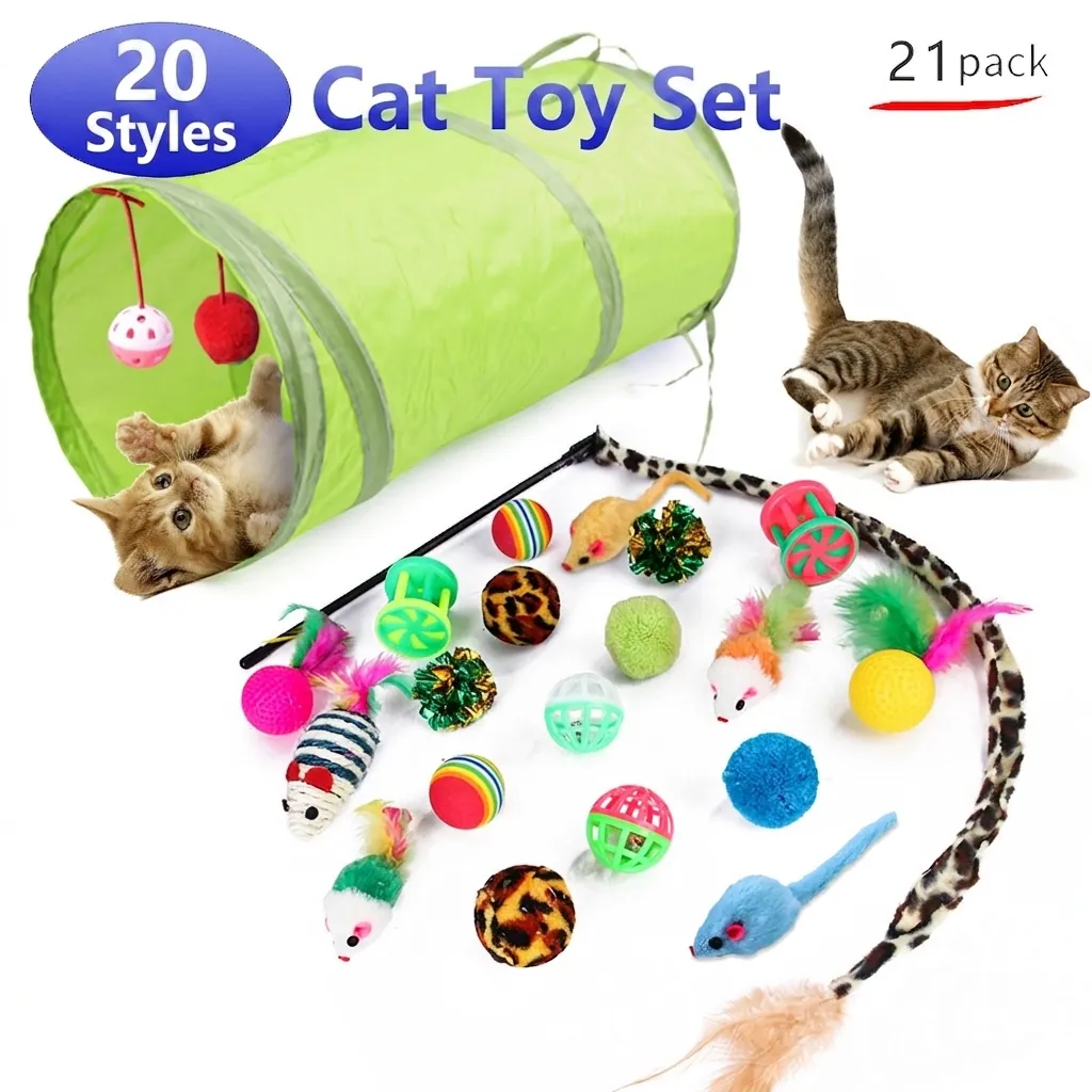 Jouets Interactifs Pour Chats Variété Avec Tunnel Pliable Baguette De Plume Souris En Peluche Balles En Sisal Chatons