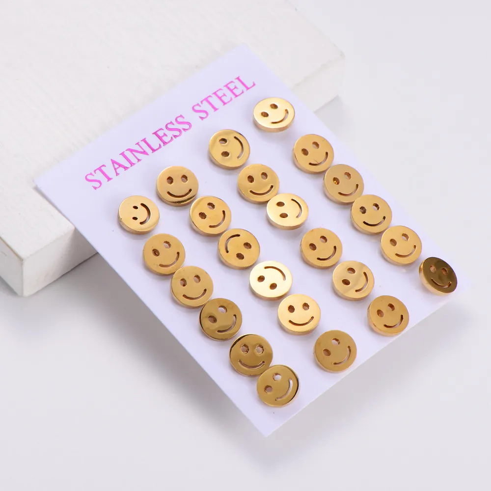 Minimalist Smiley Face Emoji Stud Earrings 18K Gold Plated 316L Stainless Steel Round Jewelry For Women