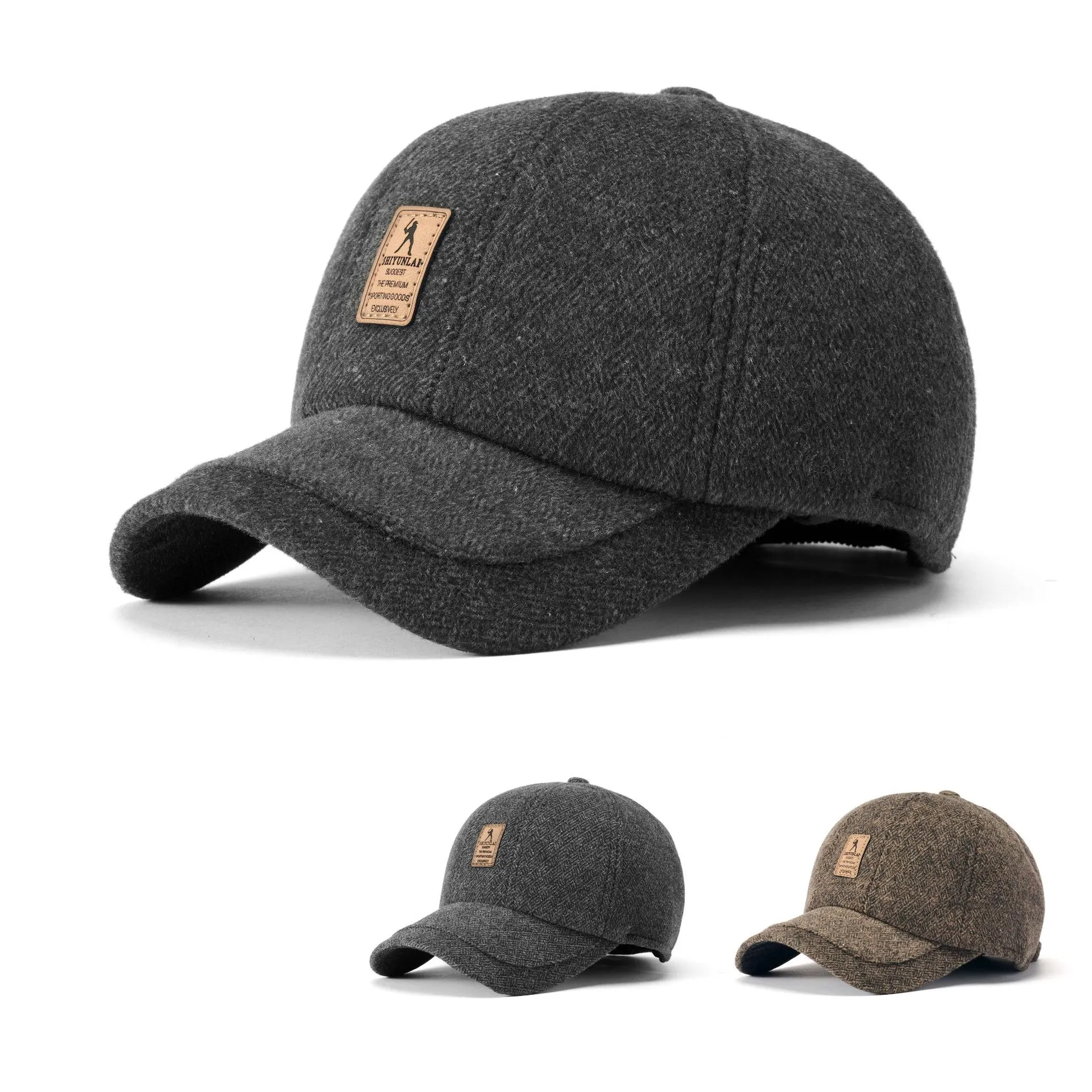 Men Winter Warm Baseball Cap With Ear Flaps Thickened Woolen Texture Outdoor Adjustable Peaked Cap For Elderly Father Gift