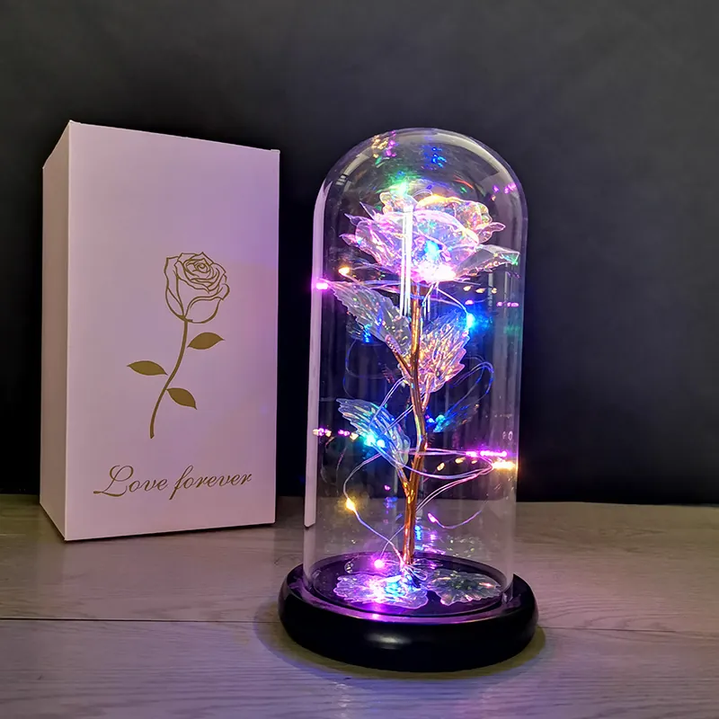 Galaxy Rose In Glass Dome LED Lights Artificial Gold Foil Flower With Pink Gift Box For Valentines Day Anniversary Decor
