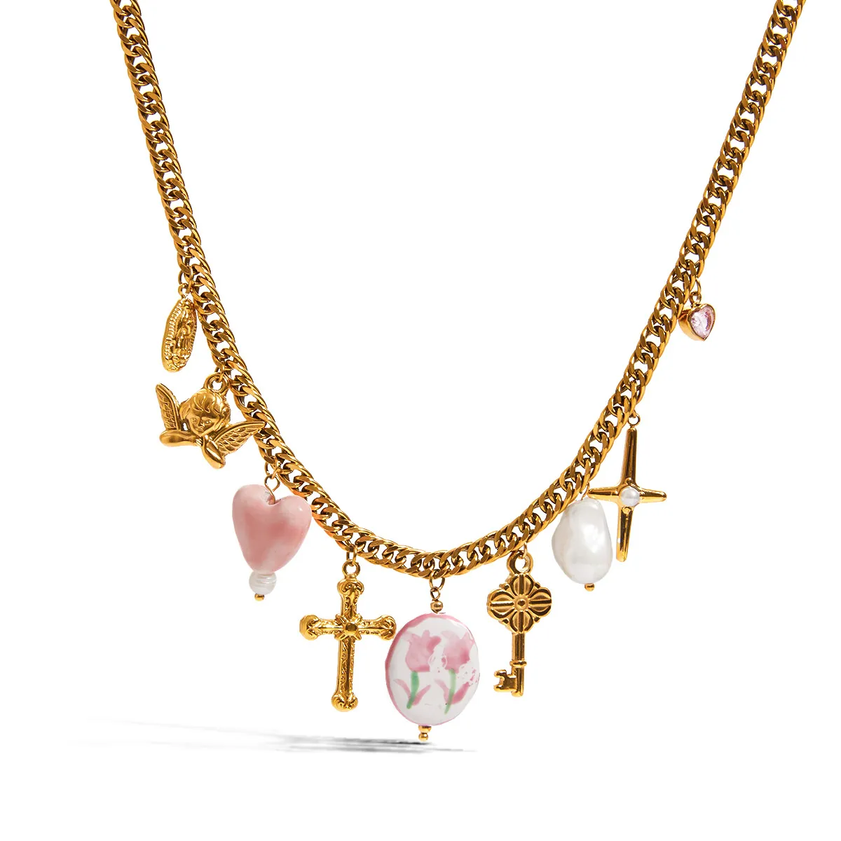 18K Gold Plated Stainless Steel Necklace With Angel Cross Heart Artificial Pearl Charms Retro Vintage Jewelry For Women Waterproof