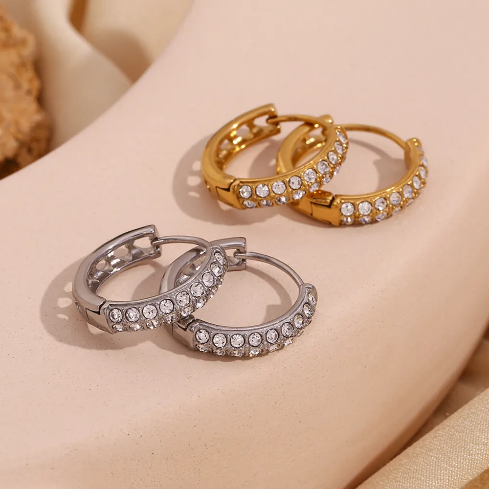 Fashion Stainless Steel Double Row Rhinestone Hoop Earrings For Women 18K Gold Plated Heart Cutout Geometric Ear Jewelry