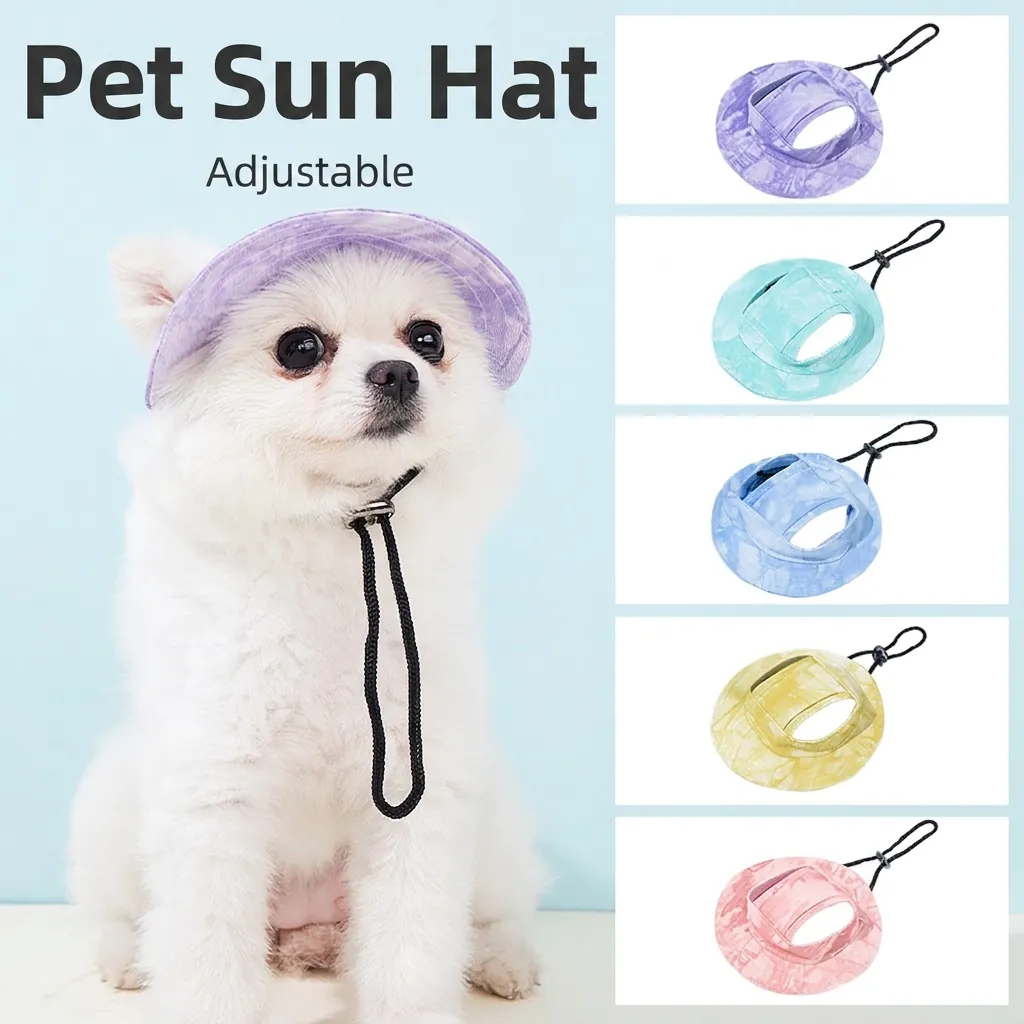 Pet Sun Hat Tie-Dye Canvas Breathable Fisherman Cap With Ear Holes Adjustable Strap For Small Dogs Cats