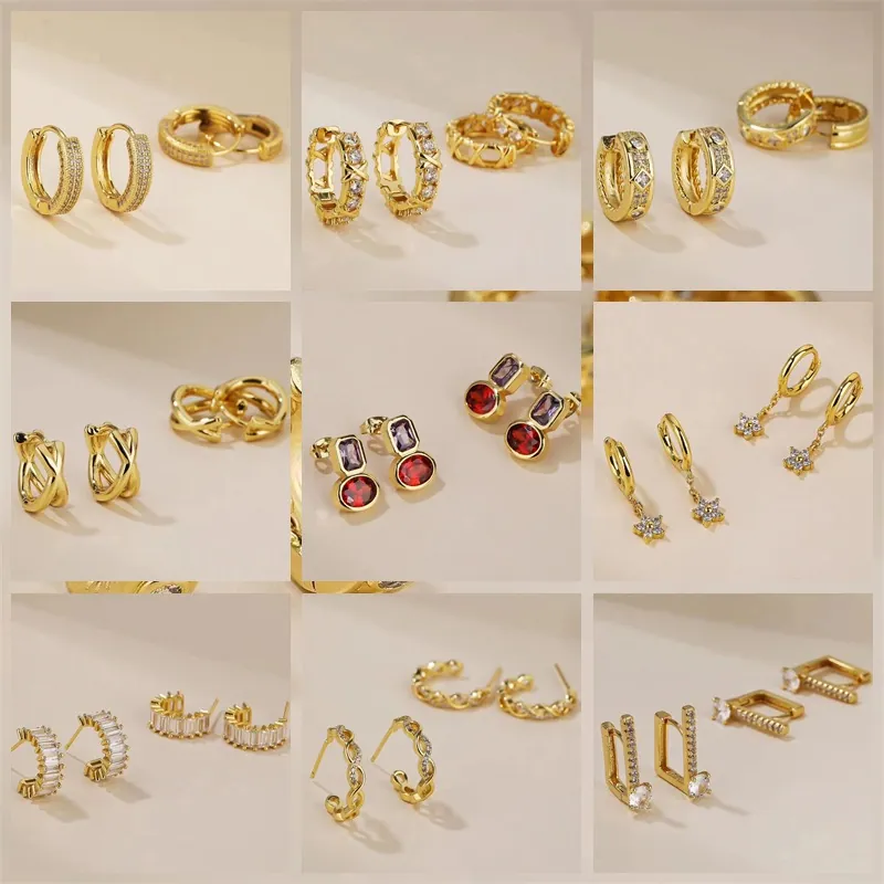 Boucles D'oreilles Créoles Étoile En Cuivre Avec Zircone Torsadé Carré Fleur Design Bijoux Mode Élégant Femme