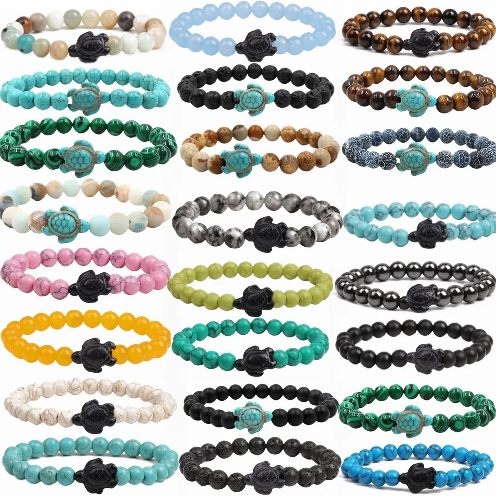 Turtle Charm Natural Stone Bead Bracelet Healing Energy Yoga Elastic Jewelry Boho Ethnic Style Men Women