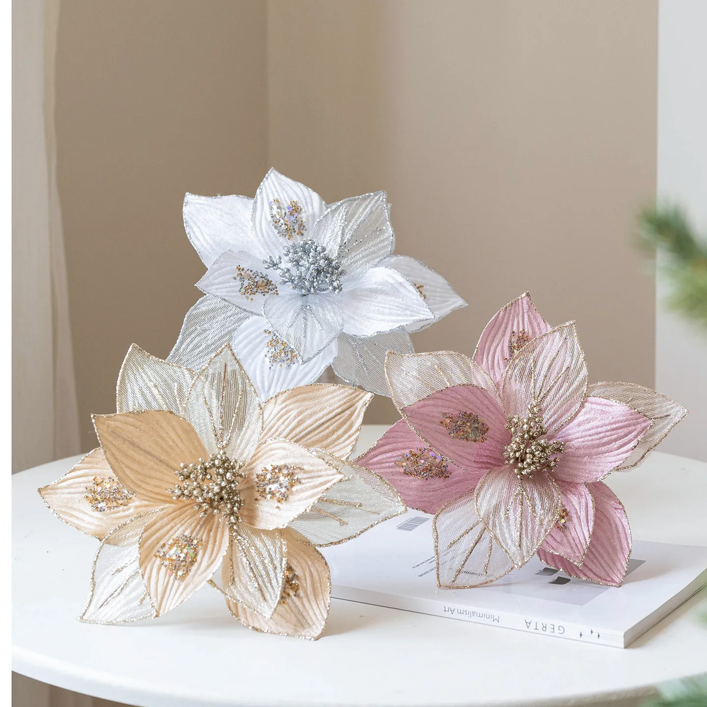 Artificial Christmas Poinsettia Flowers Glitter Mesh Floral Ornaments For Christmas Tree Decorations Holiday Wedding Party Home Decor