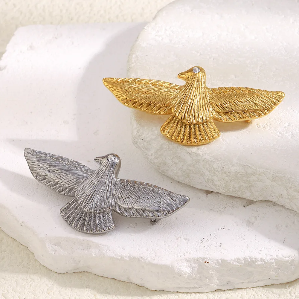 Broche Oiseau Aigle Vintage Acier Inoxydable Plaqué Or 18K Oeil Zircone Luxe Épingle Revers Animal Pour Femme Bijoux
