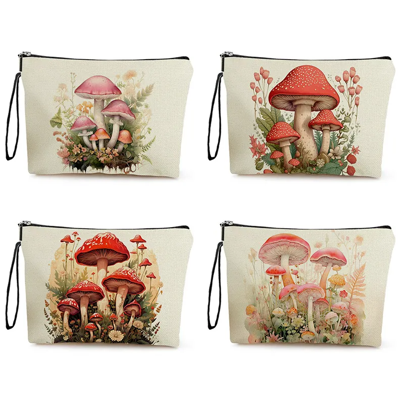 Mushroom Print Cosmetic Bag Fine Linen Toiletry Pouch With Zipper Wristlet Strap Portable Travel Makeup Organizer For Women