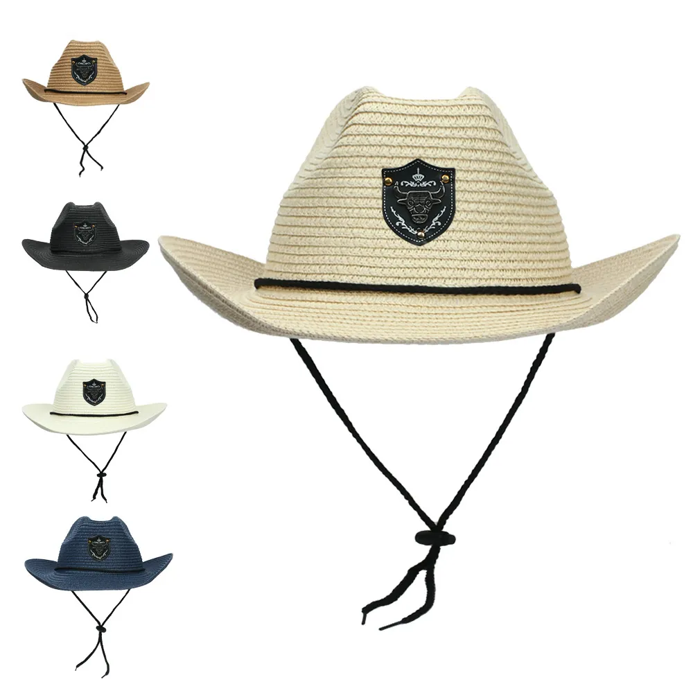Western Cowboy Straw Hat For Men Women Wide Brim Sun Hat With Bull Head Emblem Vintage Outdoor Travel Beach Hat