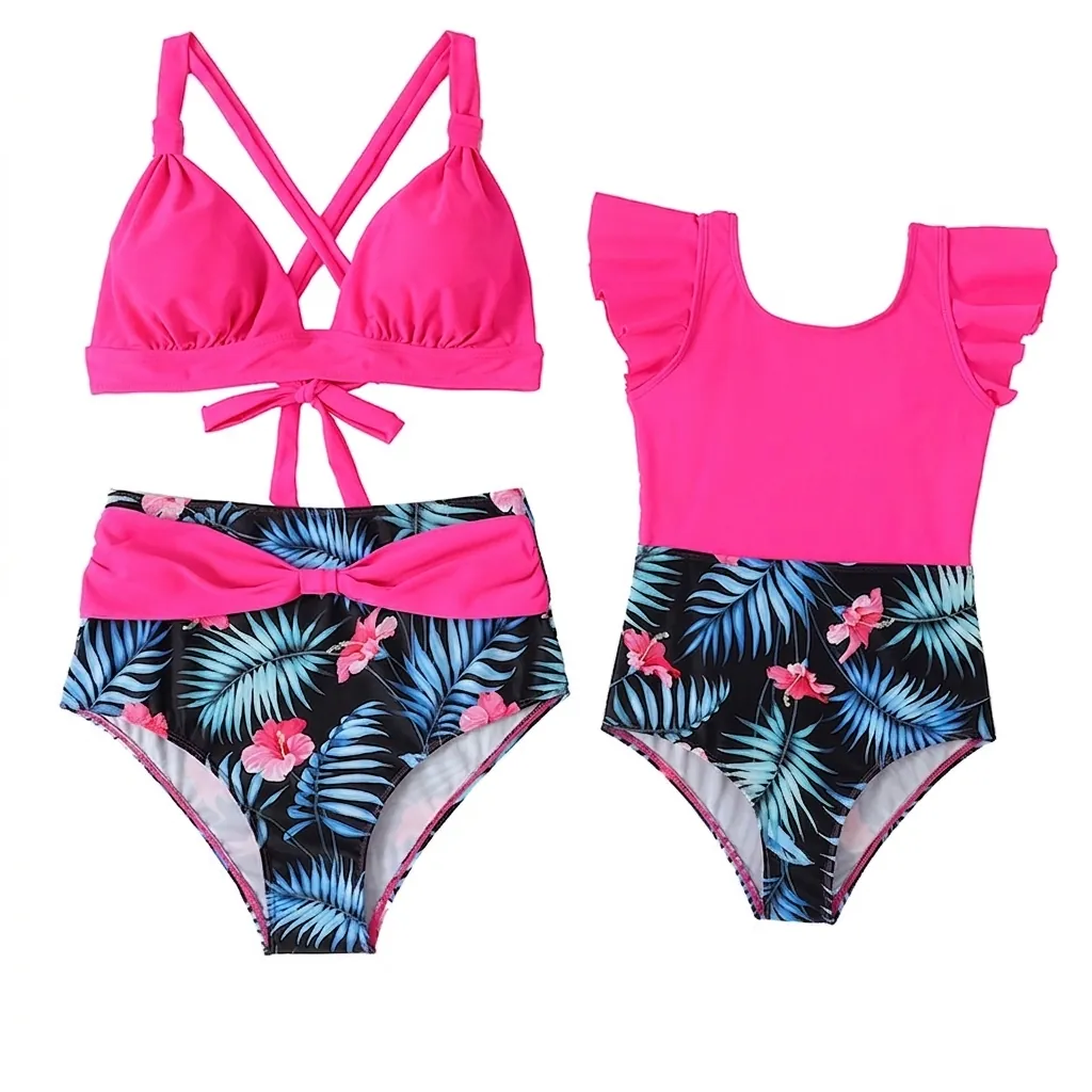 Maillots De Bain Assortis Maman Et Moi Imprimé Tropical Bikini Licou Taille Haute Maillot À Volants Nylon Spandex Plage