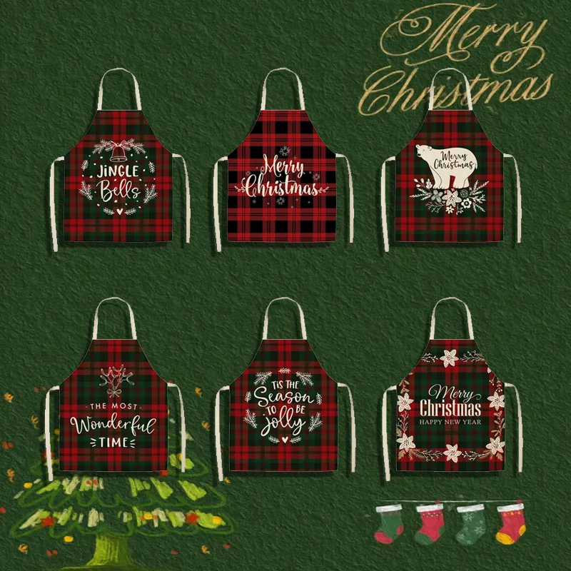Christmas Apron Cotton Linen Plaid Santa Reindeer Print Kitchen Cooking Protective For Adults Kids Holiday Decoration