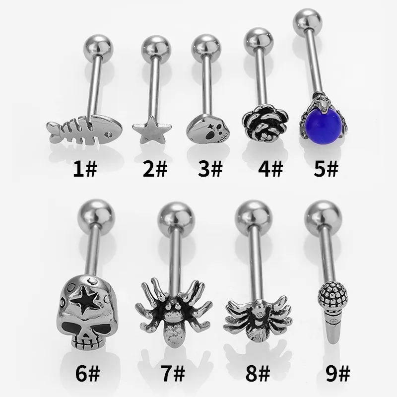 Stainless Steel Tongue Rings Punk Gothic Spider Skull Rose Piercing Jewelry For Men And Women Body Decoration