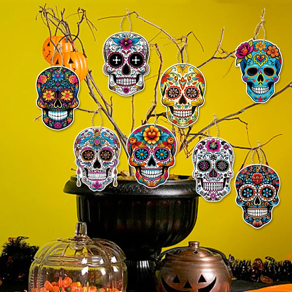 Pendentifs Suspendus en Bois Crâne du Jour Des Morts Crâne de Sucre Mexicain Étiquettes en Bois pour Décorations de Fête Halloween