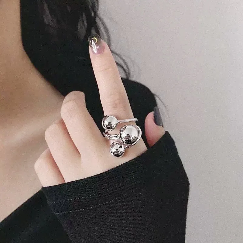 Irregular Planet Metal Ball Open Ring Copper Adjustable Geometric Double Layer Minimalist Fashion Jewelry For Women