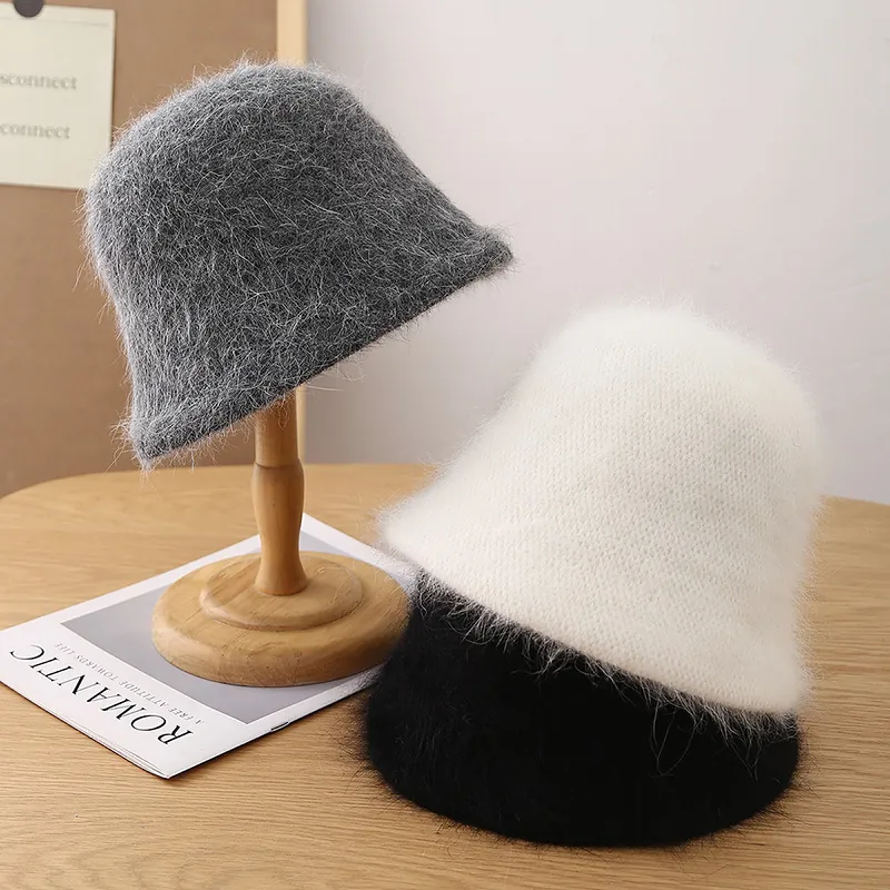 Winter Warm Angora Rabbit Fur Wool Blend Bucket Hat For Women Solid Color Fuzzy Knitted Fisherman Cap Round Top Basin Hat