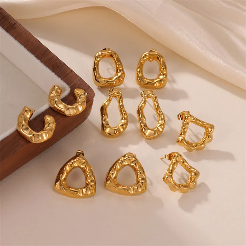 Geometric Stud Earrings Stainless Steel 18K Gold Plated Irregular Hammered Texture Molten Lava Retro Minimalist For Women