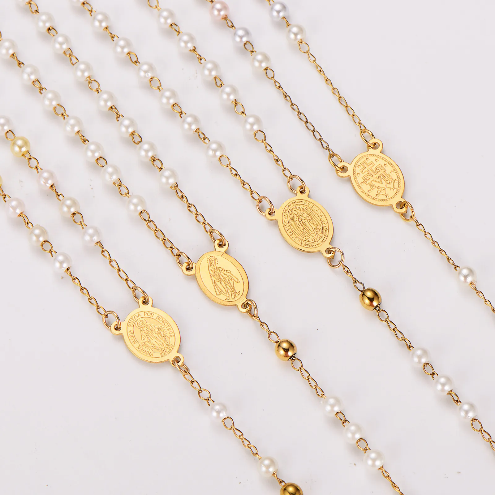 Rosary Necklace Stainless Steel 18K Gold Plated Faux Artificial Pearl Cross Pendant Virgin Mary Medal Religious Jewelry