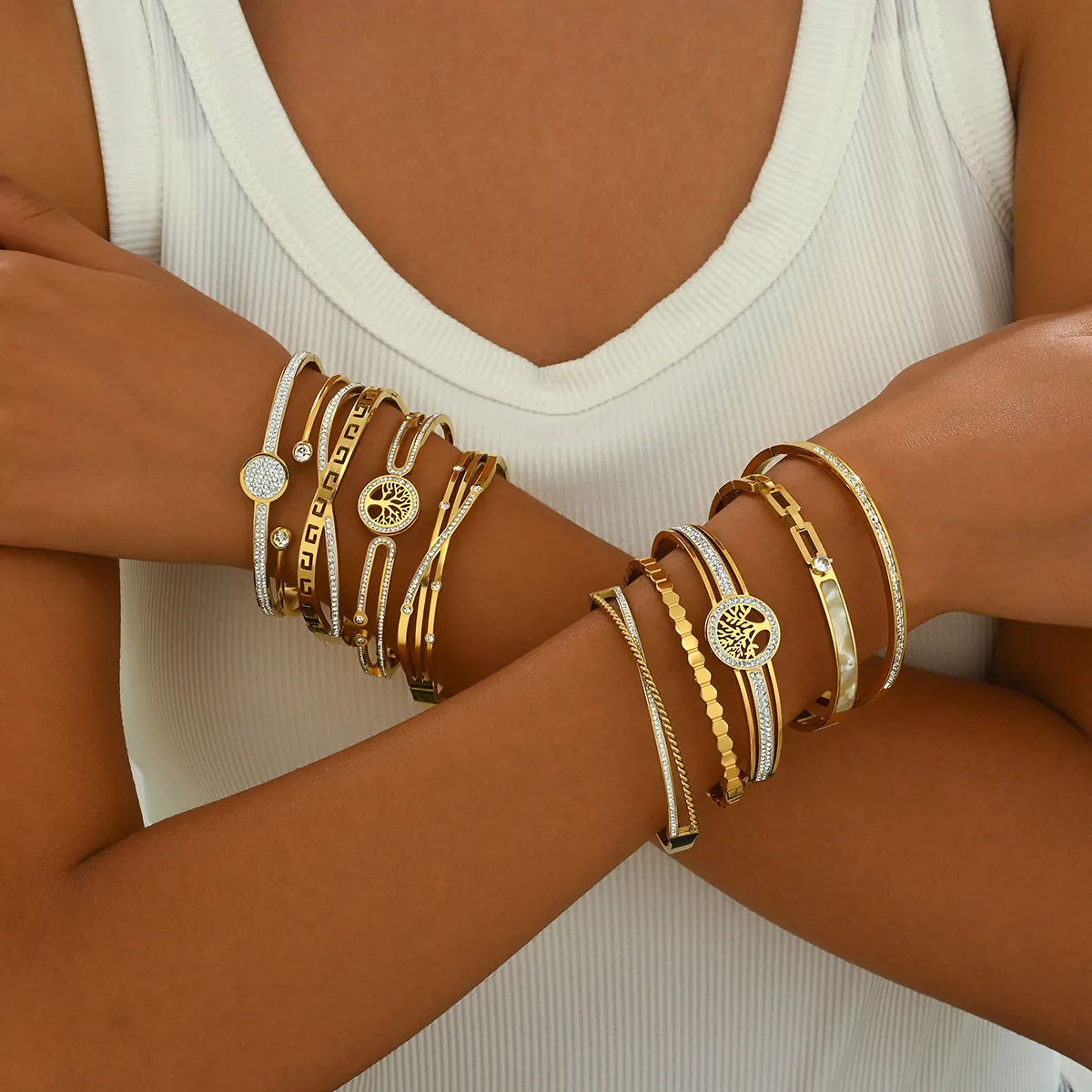 Stainless Steel Bangle Bracelet Tree Of Life Greek Key Hollow Open Cuff Crystal Mother Of Artificial Pearl Jewelry For Women