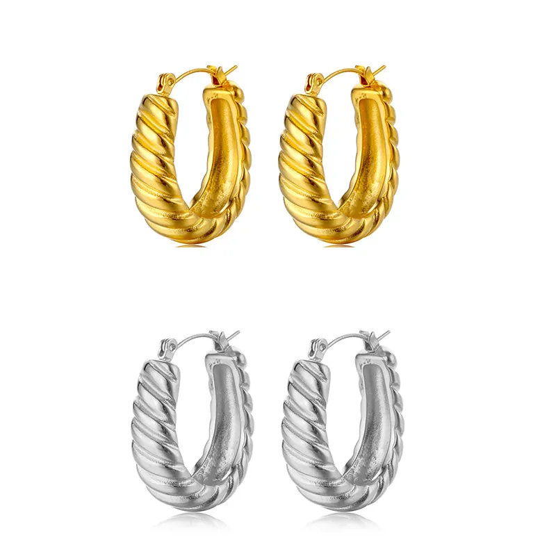 Stainless Steel Croissant Hoop Earrings 18K Gold Plated C Shape Twisted Texture For Women Fashion Jewelry