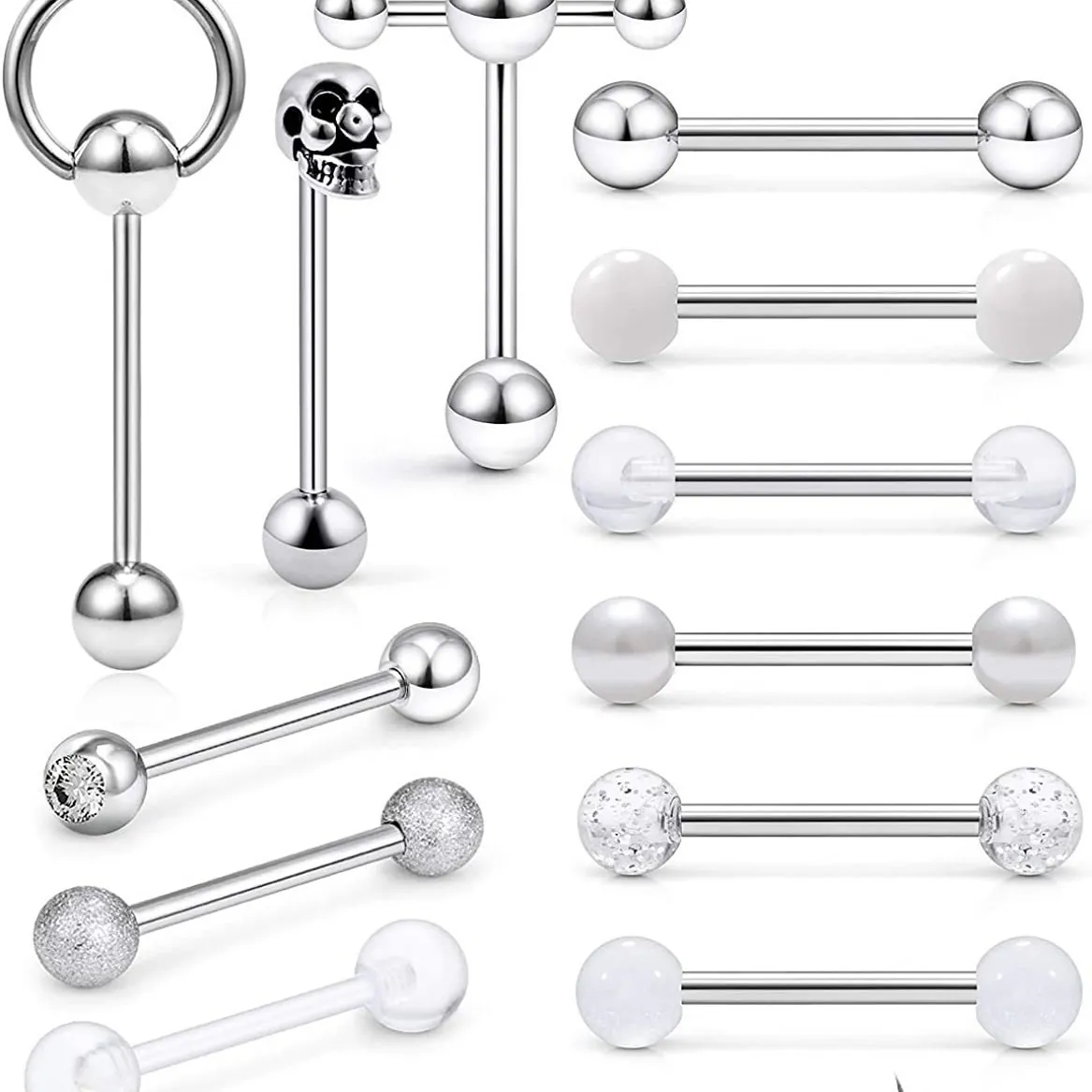 Stainless Steel Tongue Rings Piercing Jewelry With Acrylic Skull Rose Balls Straight Barbells Body Piercing For Unisex