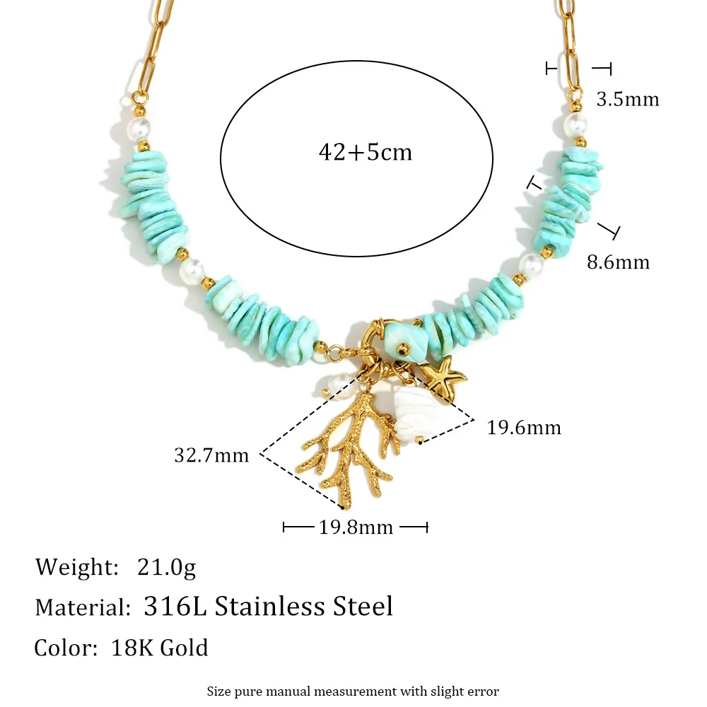 Ocean Theme Necklace With 18K Gold Plated Stainless Steel Natural Turquoise And Artificial Pearls Coral Starfish Pendants For Women